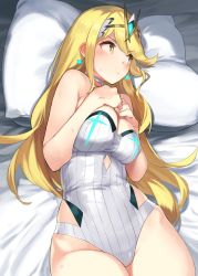 Rule 34 | 1girl, 92m, bare shoulders, blonde hair, blush, breasts, cleavage, closed mouth, covered navel, earrings, hands on own chest, highres, jewelry, large breasts, long hair, looking to the side, mythra (radiant beach) (xenoblade), mythra (xenoblade), nintendo, on bed, one-piece swimsuit, pillow, sidelocks, solo, swept bangs, swimsuit, thighs, tiara, white one-piece swimsuit, xenoblade chronicles (series), xenoblade chronicles 2, yellow eyes