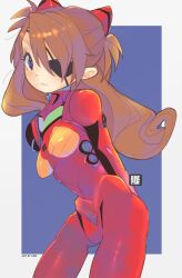 Rule 34 | 1girl, artist name, artist request, bad anatomy, blue background, blue eyes, bodysuit, border, breasts, brown hair, chibi, evangelion: 3.0 you can (not) redo, eyepatch, hair between eyes, highres, long hair, looking at viewer, medium breasts, neon genesis evangelion, plugsuit, rebuild of evangelion, red bodysuit, shiny clothes, simple background, solo, souryuu asuka langley, two side up, very long hair, white border