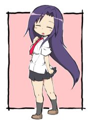 Rule 34 | 1girl, black skirt, blush, brown footwear, closed eyes, collared shirt, commentary request, framed, full body, goshiki agiri, greyscale, hand up, kill me baby, long hair, looking at viewer, looking back, monochrome, necktie, open mouth, outside border, pink background, pleated skirt, purple hair, red background, school uniform, shirt, simple background, skirt, solo, standing, white background, zubatto (makoto)