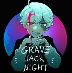 Rule 34 | 1boy, ahoge, black background, black nails, blood, blood on face, blue eyes, blue hair, commentary, english text, grin, half-closed eyes, hands up, horizontal pupils, long sleeves, looking at viewer, maddy (minai mosa), male focus, minai mosa, multicolored background, original, pink blood, pink eyes, puffy long sleeves, puffy sleeves, purple background, short hair, smile, solo, symbol-only commentary, upper body