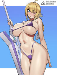 Rule 34 | 1girl, ahoge, artist logo, bikini, blazblue, blonde hair, blue bikini, blue eyes, braid, braided ponytail, breasts, donburi (donburikazoku), es (xblaze), fanbox username, highres, holding, holding sword, holding weapon, large breasts, logo, looking to the side, navel, one eye closed, open mouth, patreon username, planted, planted sword, planted weapon, solo, stomach, swimsuit, sword, thick thighs, thighs, weapon, wide hips, xblaze