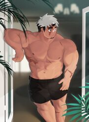 Rule 34 | 1boy, absurdres, akiha gongen (housamo), bandaid, bandaid on face, bandaid on nose, bara, black hair, black shorts, brown eyes, dark-skinned male, dark skin, facial hair, goatee, highres, horns, large pectorals, leaning on object, looking to the side, male focus, multicolored hair, muscular, muscular male, official alternate costume, pectorals, scar, scar on arm, short hair, shorts, sideburns, single horn, solo, t-ryu, thick eyebrows, tokyo houkago summoners, topless male, two-tone hair, variant set, white hair