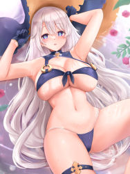 Rule 34 | 1girl, arms up, bare shoulders, belsidia (world flipper), bikini, blue bikini, blue eyes, blue gloves, blush, breasts, cleavage, collarbone, commentary, front-tie bikini top, front-tie top, gloves, hands up, highres, large breasts, long hair, looking at viewer, lying, multicolored clothes, multicolored eyes, navel, neneru, o-ring, o-ring bikini, o-ring top, official alternate costume, on back, open mouth, pillow, purple eyes, sidelocks, simple background, skindentation, solo, swimsuit, teeth, thigh strap, upper teeth only, white hair, world flipper