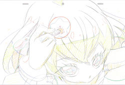 Rule 34 | 1girl, animation paper, close-up, color trace, colored pencil (medium), commentary request, cure milky, earrings, foreshortening, from above, hagoromo lala, henshin, highres, holding, holding pen, itaoka1, jewelry, key frame, partially colored, pen, precure, production art, see-through, see-through sleeves, solo, star (symbol), star color pen, star earrings, star twinkle precure, traditional media, trim marks