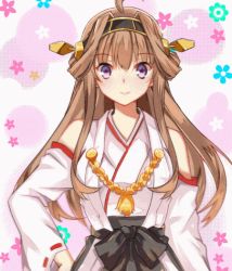 Rule 34 | 10s, 1girl, ahoge, animated, animated gif, bare shoulders, brown hair, detached sleeves, double bun, emofuri, facing viewer, flower, hair ornament, hairband, hand on own hip, head tilt, headgear, incoming kiss, japanese clothes, kantai collection, kongou (kancolle), long hair, looking at viewer, md5 mismatch, nontraditional miko, open mouth, purple eyes, ribbon-trimmed sleeves, ribbon trim, smile, solo, ugoira, zonana