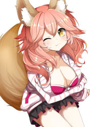 Rule 34 | 1girl, ;3, animal ear fluff, animal ears, bra, breast hold, breasts, cleavage, collarbone, fate/grand order, fate (series), fox ears, fox girl, fox tail, highres, large breasts, luluhavinera, official alternate costume, one eye closed, open clothes, open shirt, pink bra, pink hair, simple background, solo, tail, tamamo (fate), tamamo no mae (fate/extra), tamamo no mae (spring casual) (fate), underwear, white background, yellow eyes