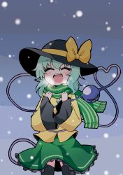 Rule 34 | 1girl, absurdres, aqua hair, blush, bow, closed eyes, cold, eyeball, female focus, happy, hat, hat bow, heart, heart of string, highres, kari (karinimooreha), komeiji koishi, open mouth, outdoors, scarf, skirt, snow, solo, striped clothes, striped scarf, thighhighs, touhou