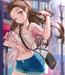 Rule 34 | 1girl, absurdres, adjusting hair, asymmetrical bangs, bag, bare shoulders, black hairband, blue shorts, blurry, blurry background, blush, brown hair, camisole, city, collarbone, contrapposto, cowboy shot, denim, denim shorts, frilled shirt, frills, hair ribbon, hairband, handbag, highres, idolmaster, idolmaster (classic), idolmaster million live!, idolmaster million live! theater days, jewelry, lamppost, long hair, looking at viewer, midriff, minase iori, navel, necklace, nose, off shoulder, one eye closed, pink eyes, pink ribbon, pink shirt, ribbon, see-through, see-through shirt, shiroyu, shirt, shorts, smile, solo, stuffed animal, stuffed rabbit, stuffed toy, usa-chan (idolmaster), watch, wristwatch, yellow camisole