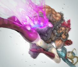 Rule 34 | 1990s (style), 1boy, 1girl, akuma (street fighter), ass, battle, blonde hair, blue leotard, boots, cammy white, capcom, foreshortening, glowing, glowing hand, hat, leotard, red hair, retro artstyle, simple background, street fighter, street fighter zero (series), totoya yuu, twintails