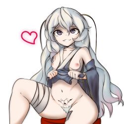 Rule 34 | 1girl, absurdres, ass, bandaged leg, bandaged neck, bandages, breasts, breasts out, clothes lift, collarbone, colored tips, dallim, detached sleeves, dress, dress lift, feet out of frame, female focus, female pubic hair, girls&#039; frontline, gold trim, gradient hair, grey hair, groin, hair between eyes, heart, heart tattoo, highres, legs, lifted by self, long hair, looking at viewer, messy hair, multicolored hair, nipples, pink hair, pubic hair, pubic tattoo, purple eyes, raised eyebrow, ribeyrolles (girls&#039; frontline), simple background, sitting, small breasts, smile, solo, spread legs, stool, tattoo, teeth, thick thighs, thighs, very long hair, white background, white hair, white pubic hair