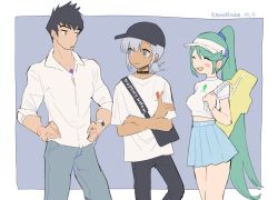 Rule 34 | 1girl, 2boys, :d, ^ ^, alvis (xenoblade), bag, black headwear, black pants, blush, border, brother and sister, brothers, chest jewel, closed eyes, collared shirt, denim, feet out of frame, fujie xy, green hair, highres, jeans, jitome, long hair, malos (xenoblade), messenger bag, miniskirt, multiple boys, open mouth, pants, pleated skirt, pneuma (xenoblade), shirt, shoulder bag, siblings, skirt, smile, spoilers, very long hair, visor cap, white border, white shirt, xenoblade chronicles (series), xenoblade chronicles 1, xenoblade chronicles 2