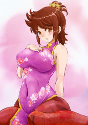 Rule 34 | 1girl, ajiyoshi noriko, blush, breasts, brown hair, china dress, chinese clothes, curvy, dress, form fitting, large breasts, looking at viewer, mister ajikko, navel, open mouth, pantyhose, parted lips, plump, ponytail, short hair, sitting, yellow eyes