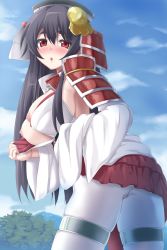 Rule 34 | 1girl, :o, armor, armpits, black hair, blush, breasts, detached sleeves, female focus, hair ornament, headgear, highres, japanese armor, japanese clothes, large breasts, long hair, looking at viewer, morioka (oshiro project), nipples, odaodaoaoda, oshiro project:re, red eyes, shoulder armor, skindentation, sode, solo, thigh strap