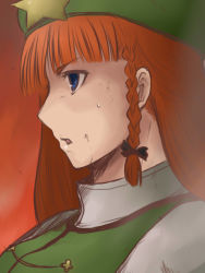 Rule 34 | 1girl, blue eyes, blunt bangs, bow, braid, close-up, ear focus, embodiment of scarlet devil, female focus, from side, hair bow, hat, hong meiling, long hair, open mouth, portrait, red background, solo, star (symbol), sweat, toto (hitori othello), touhou