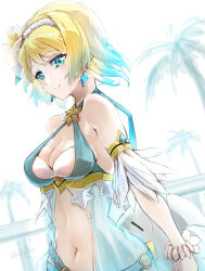 Rule 34 | 1girl, bikini, blonde hair, blue bikini, blue eyes, blue hair, breasts, character doll, clear glass (mildmild1311), closed mouth, commentary request, earrings, feh (fire emblem heroes), fire emblem, fire emblem heroes, fjorm (fire emblem), fjorm (summer) (fire emblem), flower, gradient hair, hair flower, hair ornament, highres, jewelry, looking at viewer, medium breasts, multicolored hair, navel, nintendo, official alternate costume, short hair, signature, smile, solo, stomach, swimsuit, two-tone hair, white flower