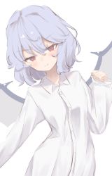 Rule 34 | 1girl, alternate costume, bat wings, blue hair, blush, closed mouth, garasuno, hair between eyes, half-closed eyes, highres, holding, leaning to the side, long sleeves, looking at viewer, no headwear, red eyes, remilia scarlet, shirt, short hair, solo, touhou, white background, white shirt, wings