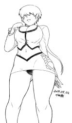 Rule 34 | 1girl, breasts, cleavage, cropped jacket, curvy, dated, earrings, female pubic hair, gluteal fold, greyscale, hair over eyes, hip vent, jewelry, large breasts, long hair, miniskirt, monochrome, navel, no panties, pubic hair, shermie (kof), short hair, skirt, solo, stud earrings, the king of fighters, thighs, tsukudani (coke-buta)
