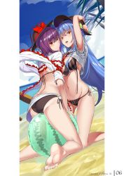 Rule 34 | 2girls, arm up, ass, asymmetrical docking, ball, bare legs, barefoot, beachball, bikini, black bikini, black hat, blue hair, blue sky, blush, bow, breast press, breasts, center frills, clothes lift, cloud, commentary request, day, food, frilled shawl, frilled shirt, frills, from behind, fruit, groin, hair between eyes, hand on headwear, hat, hat bow, highres, hinanawi tenshi, kneeling, large breasts, leaf, long hair, looking at viewer, looking back, multiple girls, nagae iku, navel, neck ribbon, neropaso, open mouth, outdoors, palm tree, peach, purple hair, red bow, red eyes, red ribbon, ribbon, sand, sarong, shawl, shirt, shirt lift, short hair, short sleeves, side-tie bikini bottom, skindentation, sky, stomach, striped bikini, striped clothes, swimsuit, thighs, touhou, tree, untied bikini, vertical-striped bikini, vertical-striped clothes, very long hair, white shirt