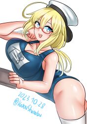 Rule 34 | 1girl, absurdres, ahoge, blonde hair, blue eyes, blush, breasts, dated, glasses, hair ribbon, hat, highres, i-8 (kancolle), kantai collection, katou shinobu, large breasts, lips, long hair, looking at viewer, low twintails, lying, name tag, on stomach, one-piece swimsuit, open mouth, peaked cap, red-framed eyewear, ribbon, sailor hat, school swimsuit, semi-rimless eyewear, smile, swimsuit, thighhighs, twintails, twitter username, under-rim eyewear, white background, white thighhighs