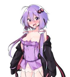 Rule 34 | 1girl, ahoge, bare shoulders, black jacket, breasts, chipa (arutana), cleavage, collarbone, commentary request, covered navel, cowboy shot, dress, embarrassed, frilled dress, frills, gluteal fold, groin, hair between eyes, hair ornament, jacket, long sleeves, looking at viewer, medium breasts, microphone, no panties, off shoulder, open clothes, open jacket, open mouth, purple dress, purple eyes, purple hair, see-through, short hair with long locks, simple background, sleeves past fingers, sleeves past wrists, solo, standing, strap slip, vocaloid, voiceroid, wavy mouth, white background, yuzuki yukari