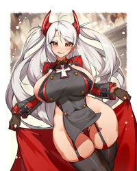 Rule 34 | 1girl, :q, antenna hair, areola slip, azur lane, bikini, black bikini, black choker, black thighhighs, breasts, buttons, cameltoe, choker, cleft of venus, clothing cutout, covered erect nipples, covered navel, cross, double-breasted, earrings, flag print, garter straps, german flag, german flag bikini, groin, highres, iron cross, jewelry, long hair, long sleeves, mole, mole on breast, multicolored hair, orange eyes, outside border, panties, prinz eugen (azur lane), side cutout, silver hair, streaked hair, swept bangs, swimsuit, thighhighs, tongue, tongue out, two side up, underwear, wing collar, yeong r6