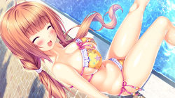 Rule 34 | 1girl, :d, ahoge, arms at sides, bare arms, bare legs, bare shoulders, bikini, blunt bangs, blush, breasts, cleavage, closed eyes, collarbone, day, eyelashes, facing viewer, frilled bikini, frills, front-tie bikini top, front-tie top, game cg, groin, hair ornament, hair tie, large breasts, leg up, legs, long hair, low twintails, naomi (tropical liquor), navel, open mouth, outdoors, pool, poolside, sayori (neko works), shiny skin, side-tie bikini bottom, sidelocks, sitting, skindentation, smile, soaking feet, solo, star (symbol), star print, stomach, strap gap, strapless, strapless bikini, string bikini, swimsuit, tropical liquor, twintails, very long hair, water, yellow bikini