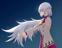 Rule 34 | 1girl, angel wings, blush, bow, bowtie, braid, closed eyes, closed mouth, commentary, dress, feathered wings, french braid, green brooch, grey hair, grey wings, hand on own chest, highres, jacket, kishin sagume, long sleeves, open clothes, open jacket, purple dress, red bow, red bowtie, short hair, single wing, solo, touhou, wings, yamajun (junyamaekaki)