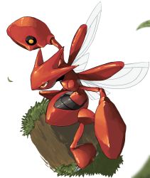 Rule 34 | brown eyes, commentary, creatures (company), dirt, falling leaves, from above, game freak, gen 2 pokemon, grass, highres, horns, insect wings, leaf, legs apart, nintendo, no humans, outstretched arms, pincers, pokemon, pokemon (creature), scizor, solo, standing, wings, yunimaru