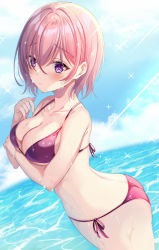 Rule 34 | 1girl, alternate costume, ass, bare shoulders, bikini, blue sky, blush, breasts, cleavage, collarbone, fate/grand order, fate (series), hair over one eye, halterneck, harimoji, large breasts, light purple hair, looking at viewer, mash kyrielight, ocean, purple bikini, purple eyes, short hair, side-tie bikini bottom, sky, solo, sparkle, string bikini, swimsuit, thighs, wet