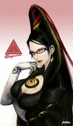 Rule 34 | 1girl, bayonetta, bayonetta (series), bayonetta 1, black hair, blue eyes, breast hold, breasts, cleavage cutout, clothing cutout, covered erect nipples, earrings, elbow gloves, eyeshadow, female focus, glasses, gloves, gradient background, jewelry, large breasts, lips, lipstick, long hair, makeup, mhk (mechamania), mole, mole under mouth, sega, smile, solo, very long hair