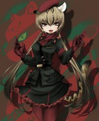 Rule 34 | 10s, 1girl, animal ears, belt, beret, blonde hair, cat ears, cosplay, cowboy shot, fangs, frilled skirt, frills, gloves, hair between eyes, hat, highres, kemono friends, low twintails, metal gear (series), metal gear solid 3: snake eater, military, military uniform, multicolored hair, name connection, naruei, ocelot (kemono friends), red gloves, revolver ocelot, revolver ocelot (cosplay), skirt, solo, spetsnaz, tail, twintails, uniform