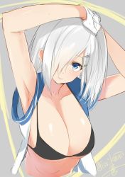 Rule 34 | 10s, 1girl, armpits, arms up, artist name, bikini, bikini top only, black bikini, blue eyes, breasts, cleavage, collarbone, gloves, grey background, hair ornament, hair over one eye, hairclip, hamakaze (kancolle), isshiki (ffmania7), kantai collection, large breasts, looking at viewer, open clothes, open shirt, school uniform, serafuku, shiny skin, shirt, short hair, simple background, sketch, solo, swimsuit, upper body, white gloves, white hair, white shirt