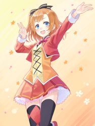 Rule 34 | 10s, 1girl, :d, asymmetrical legwear, blue eyes, bow, gradient background, kosaka honoka, looking at viewer, love live!, love live! school idol project, mismatched legwear, open mouth, orange hair, outstretched arm, side ponytail, smile, solo, sunny day song, tadokoro teppei, thighhighs, v, zettai ryouiki