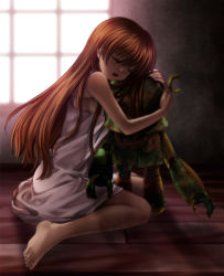 Rule 34 | 00s, 1girl, barefoot, blush, brown hair, clannad, dress, closed eyes, feet, female focus, garbage doll, girl from the illusionary world, indoors, key (company), long hair, mutsuki (moonknives), robot, sad, solo, tears, toes