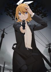 Rule 34 | 1girl, aiming, aiming at viewer, belt, black jacket, black pants, blonde hair, blood, blood on face, blue eyes, blurry, blurry background, bow, empty eyes, from below, frown, grey sky, gun, hair bow, hand on own head, hand up, highres, holding, holding gun, holding weapon, jacket, kagamine rin, looking at viewer, outdoors, pants, power lines, shirt, short hair, sky, solo, tree, utility pole, vocaloid, weapon, white bow, white shirt, wide-eyed, wounds404