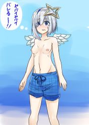 Rule 34 | 1girl, absurdres, angel wings, blue background, blue eyes, blue male swimwear, blue swim trunks, blush, breasts, character request, crossdressing, drawstring, feet out of frame, female focus, grey hair, hair ornament, highres, male swimwear, male swimwear challenge, medium hair, nipples, nizikuroryu, small breasts, solo, standing, star (symbol), star hair ornament, sweat, swim trunks, swimsuit, tagme, topless, translation request, wavy mouth, wings