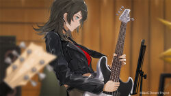 Rule 34 | 1girl, bang dream!, bang dream! it&#039;s mygo!!!!!, black hair, black jacket, blue eyes, blurry, blurry background, blurry foreground, breasts, commentary request, copyright notice, crop top, cropped jacket, depth of field, electric guitar, from side, guitar, holding, holding instrument, indoors, instrument, jacket, long sleeves, marumoru, medium breasts, official art, red shirt, shirt, solo, yahata umiri