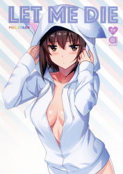 Rule 34 | 10s, 1girl, absurdres, blush, breasts, brown eyes, brown hair, english text, girls und panzer, highres, hood, hoodie, looking at viewer, naked hoodie, nishizumi maho, open clothes, saikawa yusa, solo