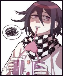 Rule 34 | 1boy, black border, black hair, border, checkered clothes, checkered scarf, cheer (cheerpuppy14), commentary, danganronpa (series), danganronpa v3: killing harmony, drinking straw, english commentary, glass, hair between eyes, heart, highres, holding, looking up, male focus, oma kokichi, purple eyes, scarf, soda, solo, spoken squiggle, squiggle, straitjacket, teeth, upper body, white background