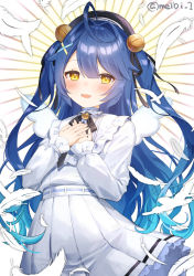 Rule 34 | 1girl, ahoge, amamiya kokoro, angel wings, bell, belt, black hat, black ribbon, blue hair, blush, collared dress, commentary, dress, fang, feathers, flat chest, gradient hair, hair bell, hair intakes, hair ornament, hair ribbon, hand over heart, hands on own chest, hat, highres, long hair, long sleeves, looking at viewer, meibi 1, multicolored hair, neck bell, neck ribbon, nijisanji, open mouth, pleated skirt, ribbon, skin fang, skirt, smile, solo, twitter username, two side up, virtual youtuber, white dress, wings, yellow eyes