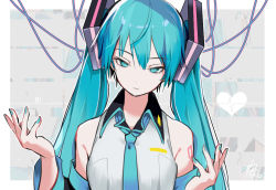 Rule 34 | 1girl, aqua eyes, aqua hair, aqua nails, aqua necktie, bare shoulders, black sleeves, cable, commentary, detached sleeves, expressionless, grey background, hair ornament, half-closed eyes, hands up, hatsune miku, heart, long hair, looking at viewer, nail polish, necktie, shirt, shoulder tattoo, signature, sleeveless, sleeveless shirt, solo, sound wave, tattoo, twintails, upper body, very long hair, vocaloid, wanaxtuco, white shirt