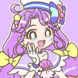 Rule 34 | 1girl, :d, ahoge, blue bow, blush, bow, bright pupils, capelet, choker, clothing cutout, cure coral, fingerless gloves, gloves, hair bow, hat, heart cutout, heart on cheek, highres, jewelry, looking at viewer, mayena, multicolored eyes, open mouth, orange eyes, outline, precure, purple background, purple capelet, purple choker, purple hair, sailor hat, smile, solo, suzumura sango, tropical-rouge! precure, upper body, white gloves, white outline, white pupils, yellow bow