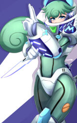 Rule 34 | alternate costume, armor, artist name, blue background, blue eyes, covered mouth, energy weapon, glowing armor, green hair, highres, kunai, marino (mega man), mega man (series), mega man x (series), mega man x dive, robarts hallway, standing, tagme, weapon, white background