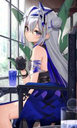 Rule 34 | 1girl, amane kanata, amane kanata (another world), bandaged arm, bandages, bare legs, bare shoulders, bendy straw, black gloves, blue dress, blue hair, blurry, blurry background, blurry foreground, bokeh, breasts, colored inner hair, commentary request, depth of field, dress, drink, drinking straw, earrings, from side, gloves, grey hair, hair between eyes, hair bun, hair ornament, halo, highres, holding, hololive, indoors, jewelry, long hair, looking at viewer, multicolored hair, official alternate costume, purple eyes, sitting, sleeveless, sleeveless dress, small breasts, solo, star halo, streaked hair, thomas 8000, virtual youtuber