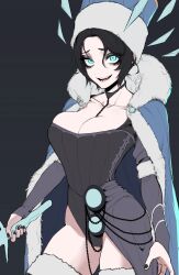 Rule 34 | 1girl, black eyeshadow, black hair, blue eyes, bodice, breasts, chain, chain leash, cleavage, collar, collarbone, dark background, elbow gloves, eyeshadow, fingerless gloves, fur-trimmed thighhighs, fur trim, gloves, grey gloves, hat, high-low skirt, highleg, highres, holding, holding sword, holding weapon, j.k., large breasts, leash, looking at viewer, makeup, short hair, skirt, smile, sword, thighhighs, thighs, upper body, warhammer fantasy, weapon
