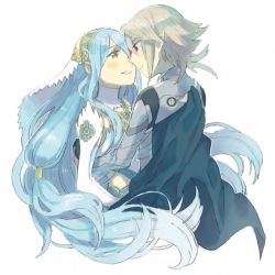Rule 34 | 1boy, 1girl, aisutabetao, amulet, armor, azura (fire emblem), bad id, bad pixiv id, blue cape, blue hair, blush, cape, corrin (fire emblem), corrin (male) (fire emblem), couple, cousins, detached sleeves, dress, eye contact, fire emblem, fire emblem fates, hetero, hug, long hair, looking at another, nintendo, parted lips, red eyes, short hair, silver hair, simple background, smile, spiked hair, upper body, veil, very long hair, white background, white dress, yellow eyes