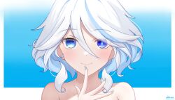 Rule 34 | 1girl, absurdres, blue background, blue eyes, blue hair, blue nails, blush, colored inner hair, commentary, furina (genshin impact), genshin impact, hand up, highres, ken-pai (kenpai arts), looking at viewer, multicolored hair, nail polish, nude, portrait, smile, solo, streaked hair, white hair