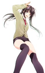 Rule 34 | 1girl, :d, black hair, black shorts, black thighhighs, blurry, cardigan, collared shirt, depth of field, from below, grey eyes, long hair, necktie, open mouth, original, over-kneehighs, red necktie, school uniform, shirt, short shorts, shorts, sleeves past wrists, smile, solo, teeth, thighhighs, thighs, tokki, twintails, waving, white background, white shirt