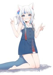 Rule 34 | 1girl, absurdres, animal ears, armpit crease, bare legs, barefoot, blue dress, blue eyes, blue hair, blue nails, blunt bangs, blush, cat ears, cat girl, clenched teeth, collarbone, double v, dress, eyelashes, feet, flat chest, frilled sleeves, frills, full body, gawr gura, gawr gura (casual), gradient hair, grey hair, hair ornament, hands up, highres, hololive, hololive english, kneeling, legs, long hair, looking at viewer, multicolored hair, nail polish, official alternate costume, shadow, shark girl, shark print, sharp teeth, side ponytail, sidelocks, solo, streaked hair, teeth, thighs, toes, v, valefal coneri, virtual youtuber, white hair