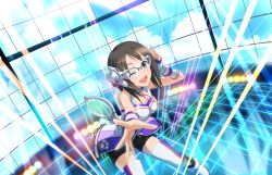 Rule 34 | 10s, 1girl, ;d, artist request, boots, breasts, brown hair, choker, cleavage, fingerless gloves, glasses, gloves, headset, highres, idolmaster, idolmaster cinderella girls, idolmaster cinderella girls starlight stage, kamijo haruna, laser, lights, official art, one eye closed, open mouth, shorts, smile, solo, star (symbol), thigh boots, thighhighs, zettai ryouiki